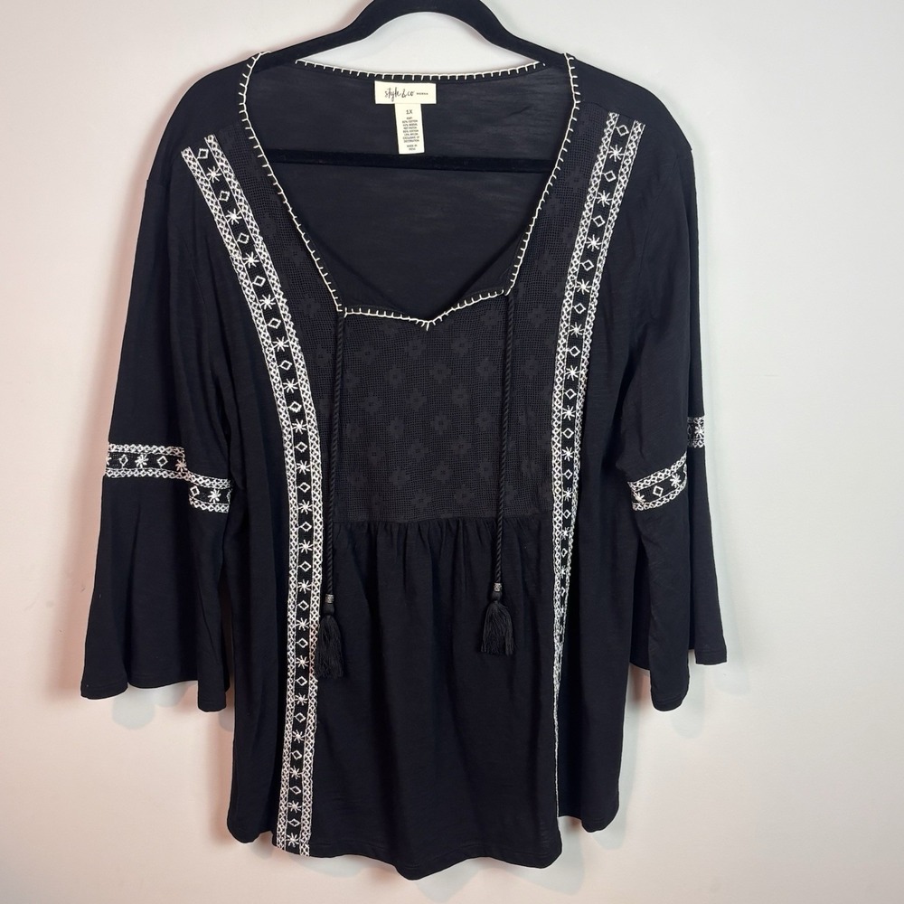 Style & Co. Women's Black Boho Cotton Bell Sleeve Peasant Embroidered Top sz 1X